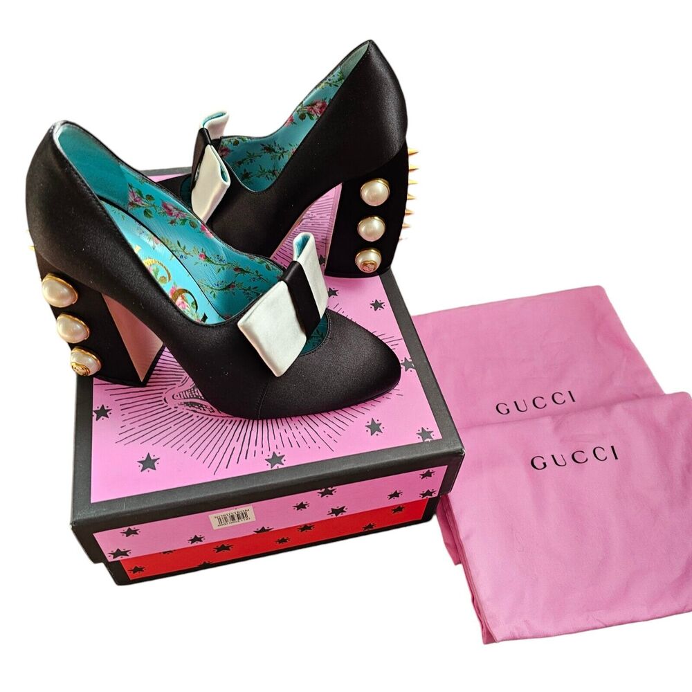 Gucci Black Satin Pumps with Pearl & Spike Heel